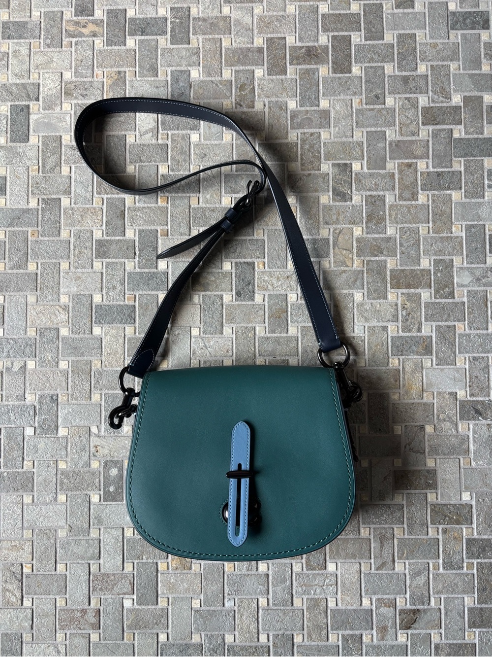 Coach Teal Leather Crossbody with Navy Blue Accent Strap and Light Blue detail